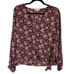 Loft Ditsy Floral Faux Wrap Tie Front Long Sleeve Blouse Large Petite Red